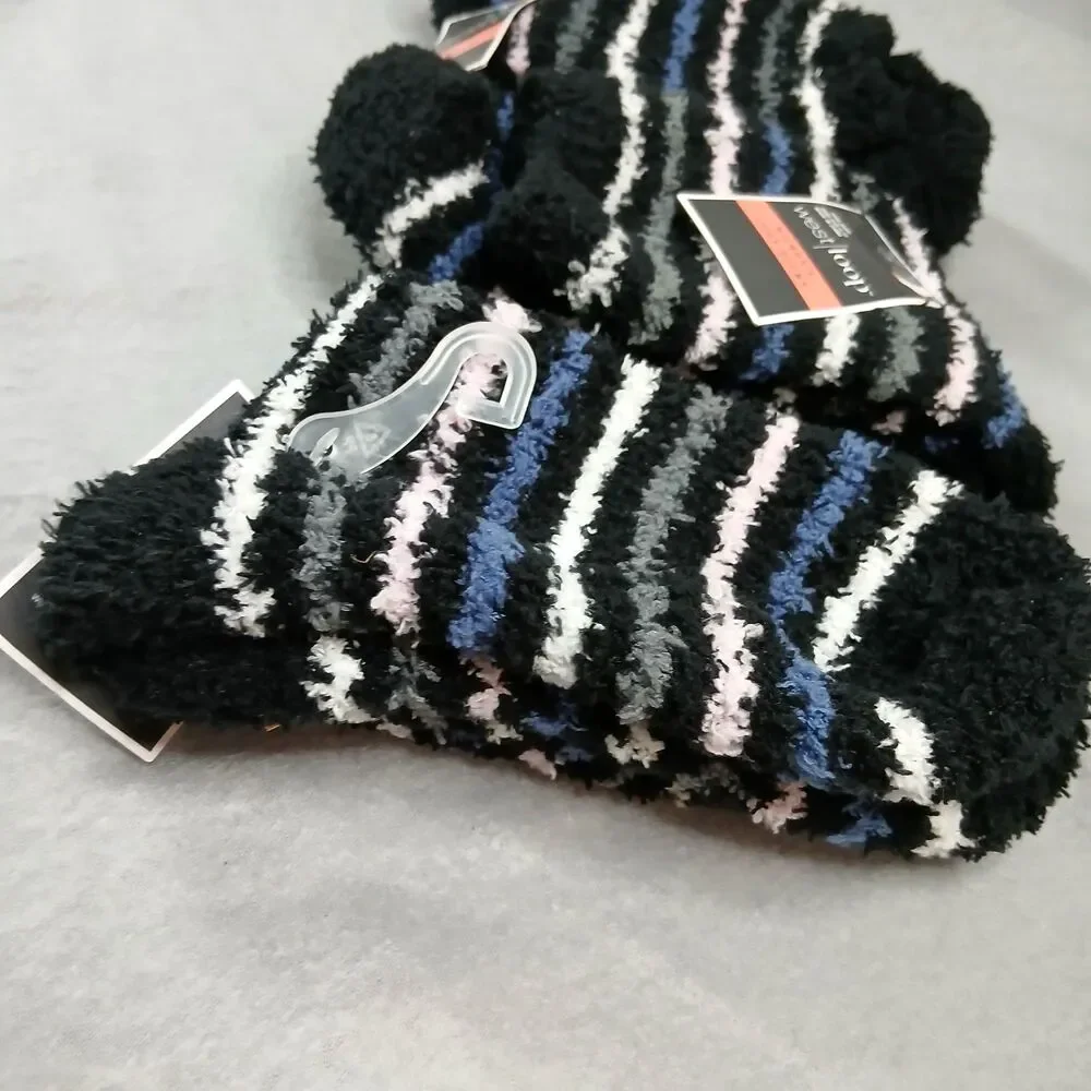 3 pair Westloop Fuzzy Crew Socks Blue Striped Warm Soft NWT Women's Size: 4-10